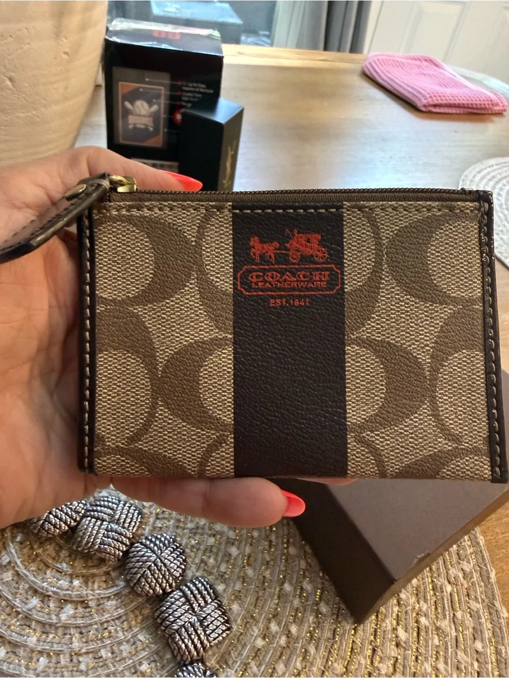 Coach Brown Signature Zip Card Case with Black Stripe and Red Logo